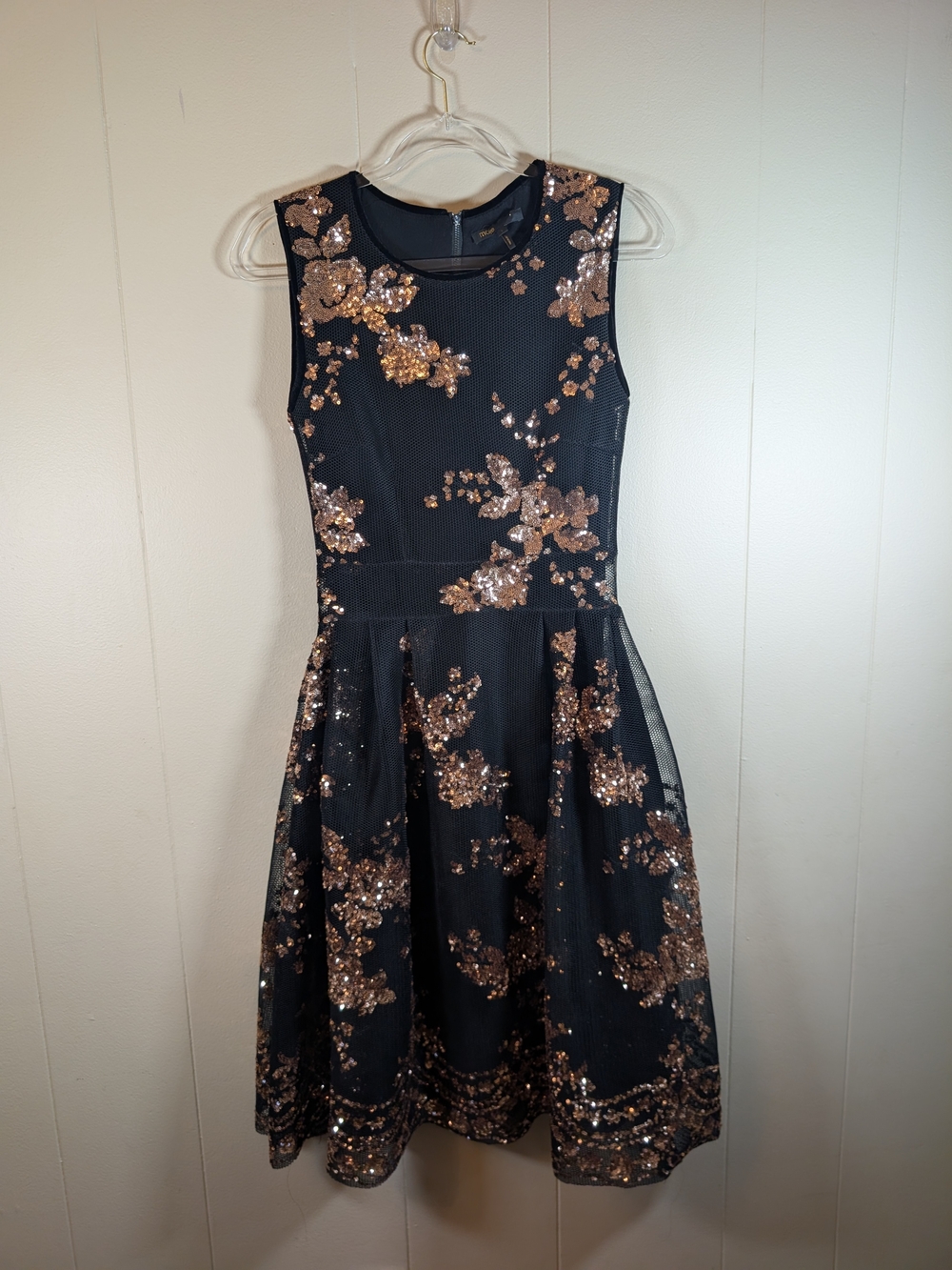 Maje Black Rose Gold Sequin Floral Fit & Flare Midi Dress Size 1 Party